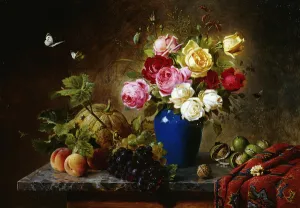 Roses in a Vase, Peaches, Nuts and a Melon on a Marbled Ledge, 1891 (oil on canvas) Roses in a Vase, Peaches, Nuts and a Melon on a Marbled Ledge, 1891 (oil on canvas)