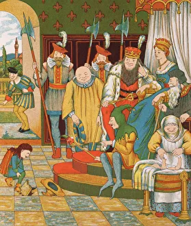 Rumpelstiltskin arrives to claim the first born child of the princess as his reward Rumpelstiltskin arrives to claim the first born child of the princess as his reward