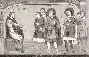 Saints Savin and Cyprian confessing to Proconsul Galerius Maximus that they are Christians Saints Savin and Cyprian confessing to Proconsul Galerius Maximus that they are Christians