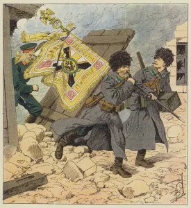 Sauvetage du drapeau pendant le bombardement de Vladivostock (colour litho) Sauvetage du drapeau pendant le bombardement de Vladivostock (colour litho)