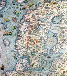 Scandinavia, detail from the Carta Marina da Olaus Magnus, 1572 (coloured engraving) Scandinavia, detail from the Carta Marina da Olaus Magnus, 1572 (coloured engraving)
