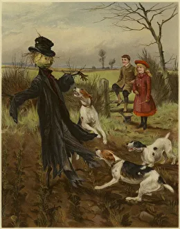 Scarecrow being attacked by a pack of dogs as a boy and girl watch (colour litho) Scarecrow being attacked by a pack of dogs as a boy and girl watch (colour litho)