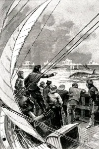 At sea towards the Pole: the crew of a ship (sailboat) sees a group of whales At sea towards the Pole: the crew of a ship (sailboat) sees a group of whales