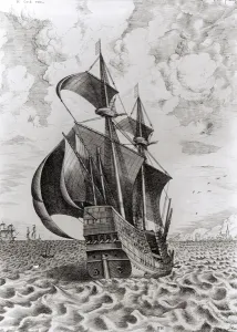 Ship, engraved by Hieronymus Cock (engraving) (b/w photo) Ship, engraved by Hieronymus Cock (engraving) (b/w photo)