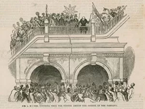 Amidst Collection: Sir Isambard Brunel retiring from the tunnel amidst the cheers of the company (engraving)