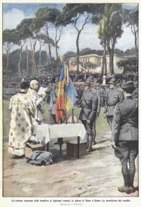 The solemn delivery of the flag to the Romanian legionaries, in Piazza di Siena in Rome (colour litho) The solemn delivery of the flag to the Romanian legionaries, in Piazza di Siena in Rome (colour litho)