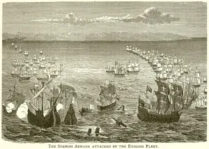 The Spanish Armada attacked by the English Fleet (engraving) The Spanish Armada attacked by the English Fleet (engraving)