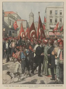 Sultan Abdul Hamid resigns, after 32 years, the constitution, manifestations of joy in... (colour litho) Sultan Abdul Hamid resigns, after 32 years, the constitution, manifestations of joy in... (colour litho)