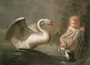 A Swan guarding its Nest from a Child and a Spaniel A Swan guarding its Nest from a Child and a Spaniel