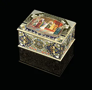 A table box with painted cartouche depicting Tsar Alexei Mikhailovich choosing a bride, c A table box with painted cartouche depicting Tsar Alexei Mikhailovich choosing a bride, c