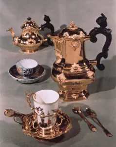 Teapot, sugar bowl, chocolate pot and mug, from a Meissen breakfast service made by Teapot, sugar bowl, chocolate pot and mug, from a Meissen breakfast service made by