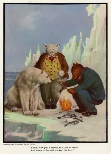 Teddy - B put a match to a pile of wood and made a fire and cookded the food Teddy - B put a match to a pile of wood and made a fire and cookded the food