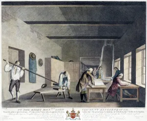 Industrial Revolution Textiles Prints: Mill or factory where several men are engaged in measuring
