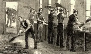 Historical Farming Practices Prints: Hackling Flax by hand, 1880 (engraving)
