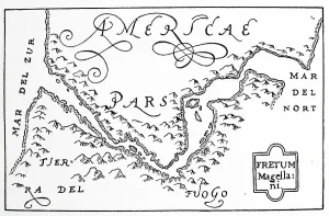 Antique Map Collectors Prints: Hondius his map of Magellan strait
