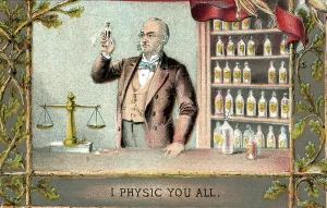1875 Print of a Doctor with Scale and Drugs