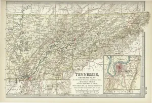 Antique Cartographic Artwork Prints: Map of eastern Tennessee, c.1900 (engraving)