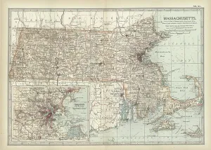 Physical Geography Maps USA Prints: Map of Massachusetts, c.1900 (engraving)