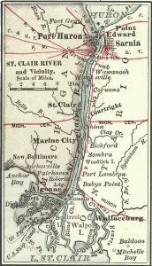 Vintage Map Illustrations Prints: Map of Saint Clair River and Port Huron, c.1900 (engraving)