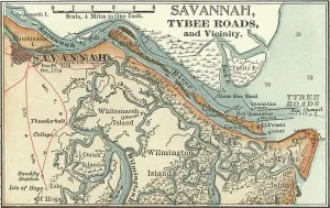 Old Fashioned Navigation Tools Prints: Map of Savannah, c.1900 (engraving)