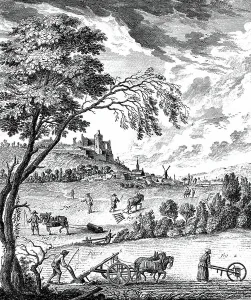 French Countryside Landscape Art Prints: Ploughing, rolling and harrowing using horses