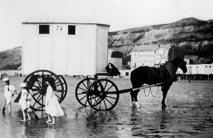 Vintage Horse Drawn Carriage Prints: rolling huts on the beach of Houlgate, Normandy, 1908