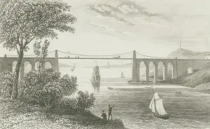 Welsh Countryside Views Prints: View of Menai Bridge on Isle of Anglesey. 19th century (engraving)