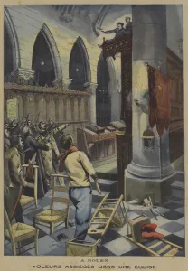 Thieves besieged in a church in Rouen (colour litho) Thieves besieged in a church in Rouen (colour litho)