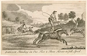 Adjoining Collection: Thomas Johnson standing on one, two and three horses in full speed (engraving)