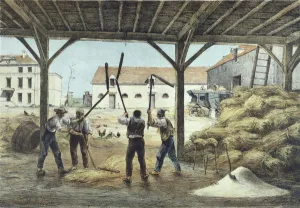 Threshing corn, illustration from a school textbook Enseignement par les yeux Threshing corn, illustration from a school textbook Enseignement par les yeux