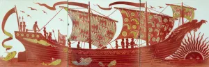 Three tiles depicting a ship sailing at sunset (ceramic) Three tiles depicting a ship sailing at sunset (ceramic)