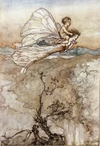 Titania the Queen of Fees flies with her changelin child on the back Titania the Queen of Fees flies with her changelin child on the back