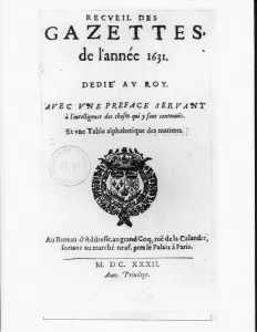 Title page of the first collection of La Gazette, 1632 (engraving) Title page of the first collection of La Gazette, 1632 (engraving)