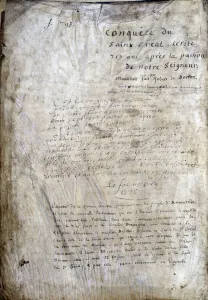 Title page of a manuscript: Conquest of the Saint Greal Title page of a manuscript: Conquest of the Saint Greal