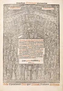 Title-page showing the Parliament of Toulouse, 1515 (red and black inks within a woodcut) Title-page showing the Parliament of Toulouse, 1515 (red and black inks within a woodcut)