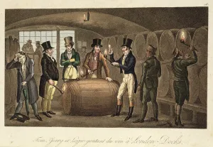Tom, Jerry and Logic tasting wine at London Docks, from Life in London' Tom, Jerry and Logic tasting wine at London Docks, from Life in London'