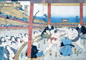 Traditional wrestling in Japan: Sumo wrestlers, (colour litho) Traditional wrestling in Japan: Sumo wrestlers, (colour litho)