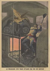 A train driver attacked by a wild goose in Belgium (colour litho) A train driver attacked by a wild goose in Belgium (colour litho)