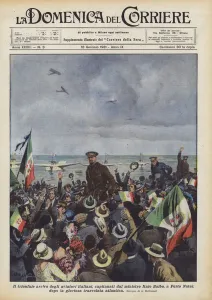 The triumphant arrival of Italian aviators, led by Minister Italo Balbo, in Porto Natal... (colour litho) The triumphant arrival of Italian aviators, led by Minister Italo Balbo, in Porto Natal... (colour litho)