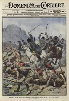 Turkish infantry attacked in the trenches by a company of cossacks (colour litho) Turkish infantry attacked in the trenches by a company of cossacks (colour litho)