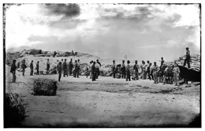 Union mortars in Battery Weed on Morris Island, South Carolina, 1863 (b/w photo) Union mortars in Battery Weed on Morris Island, South Carolina, 1863 (b/w photo)