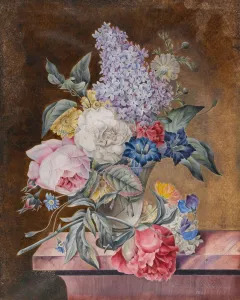 Vase of Flowers including a Rose and Lilac on a Marble Ledge Vase of Flowers including a Rose and Lilac on a Marble Ledge