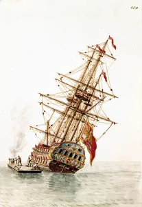 Venetian ship shot down in the hull to be repaired. Watercolour drawing Venetian ship shot down in the hull to be repaired. Watercolour drawing