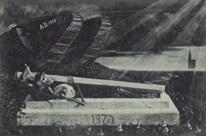 A victorious First World War Allied tank passes by the tomb of a French cavalry soldier A victorious First World War Allied tank passes by the tomb of a French cavalry soldier
