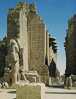 Amon Collection: View of the Great Court, the entrance to the Hypostyle Hall and a statue of Ramesses II