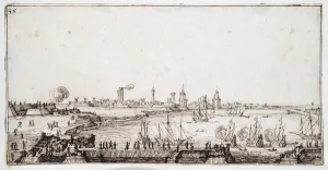 View of the harbour of La Rochelle with galleons firing a salute View of the harbour of La Rochelle with galleons firing a salute