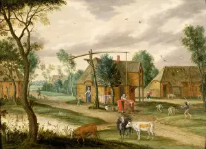 A village landscape with a woman drawing water from a well (panel) A village landscape with a woman drawing water from a well (panel)
