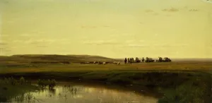 A Wagon Train on the Plains, Platte River, (oil on canvas laid on masonite) A Wagon Train on the Plains, Platte River, (oil on canvas laid on masonite)