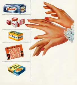 Woman's Hand Chooses Between a Variety of Food Items, 1951 (screen print) Woman's Hand Chooses Between a Variety of Food Items, 1951 (screen print)