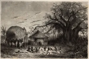 Women from the edges of Zambeze waving huts and in the foreground, children's play Women from the edges of Zambeze waving huts and in the foreground, children's play